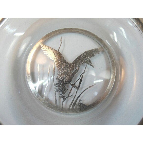 Vtg Sterling Silver Overlay On Crystal Ducks In Flight Ashtray Fine Detail - Picture 2 of 5
